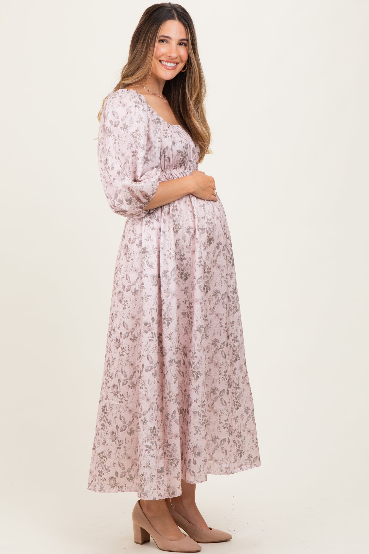 Light Pink Floral Puff Sleeve Smocked Waist Maternity Midi Dress