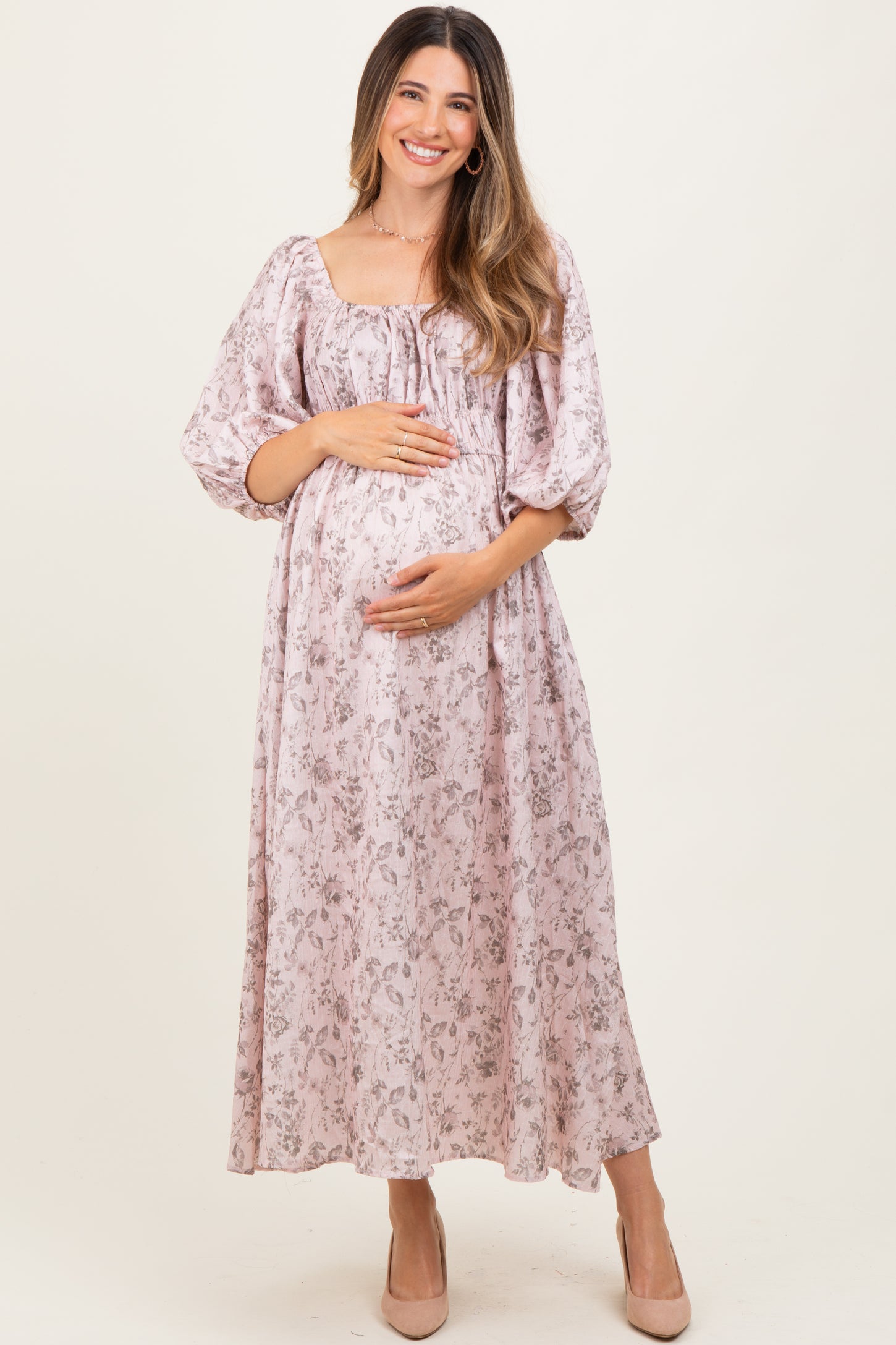 Light Pink Floral Puff Sleeve Smocked Waist Maternity Midi Dress