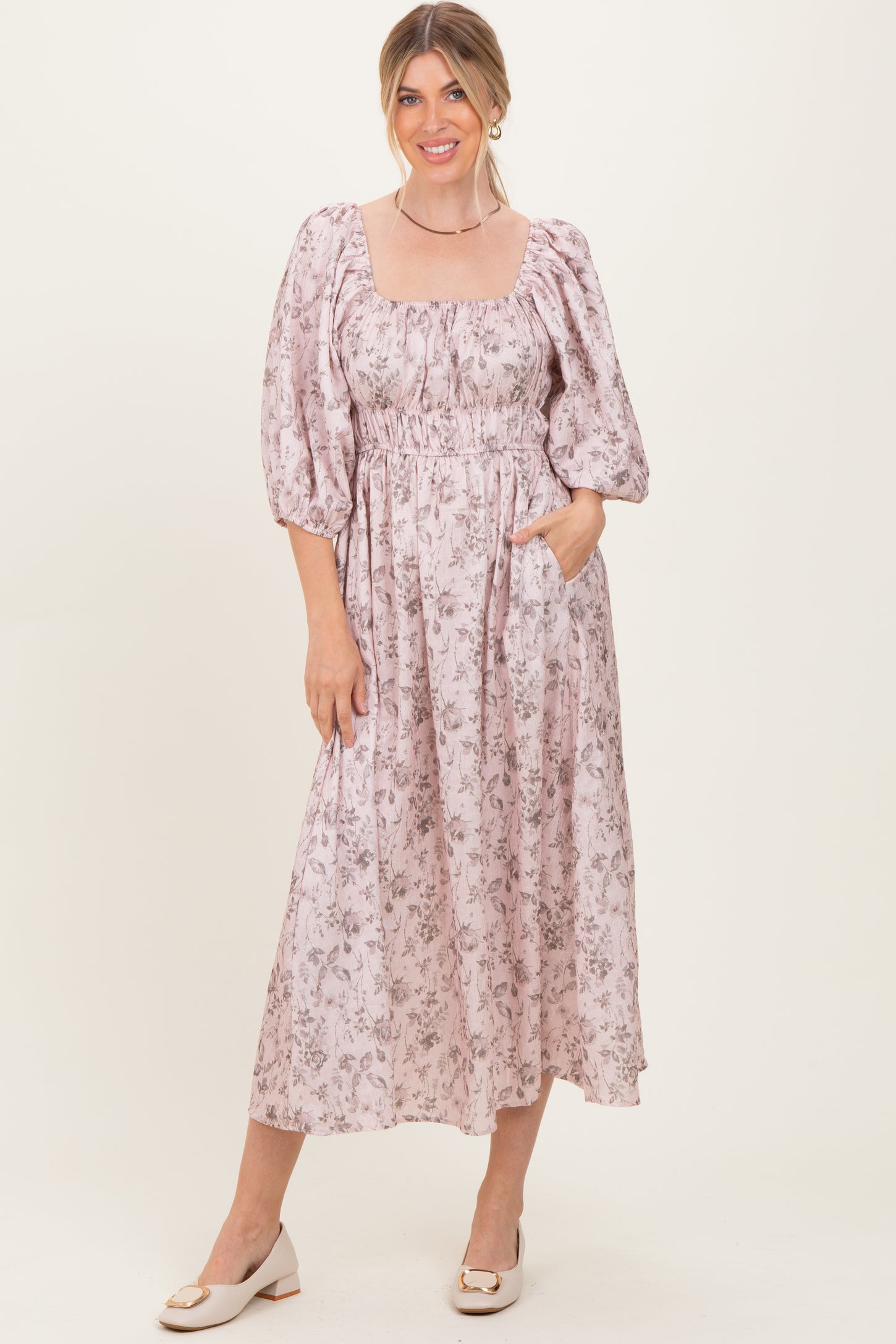 Light Pink Floral Puff Sleeve Smocked Waist Midi Dress