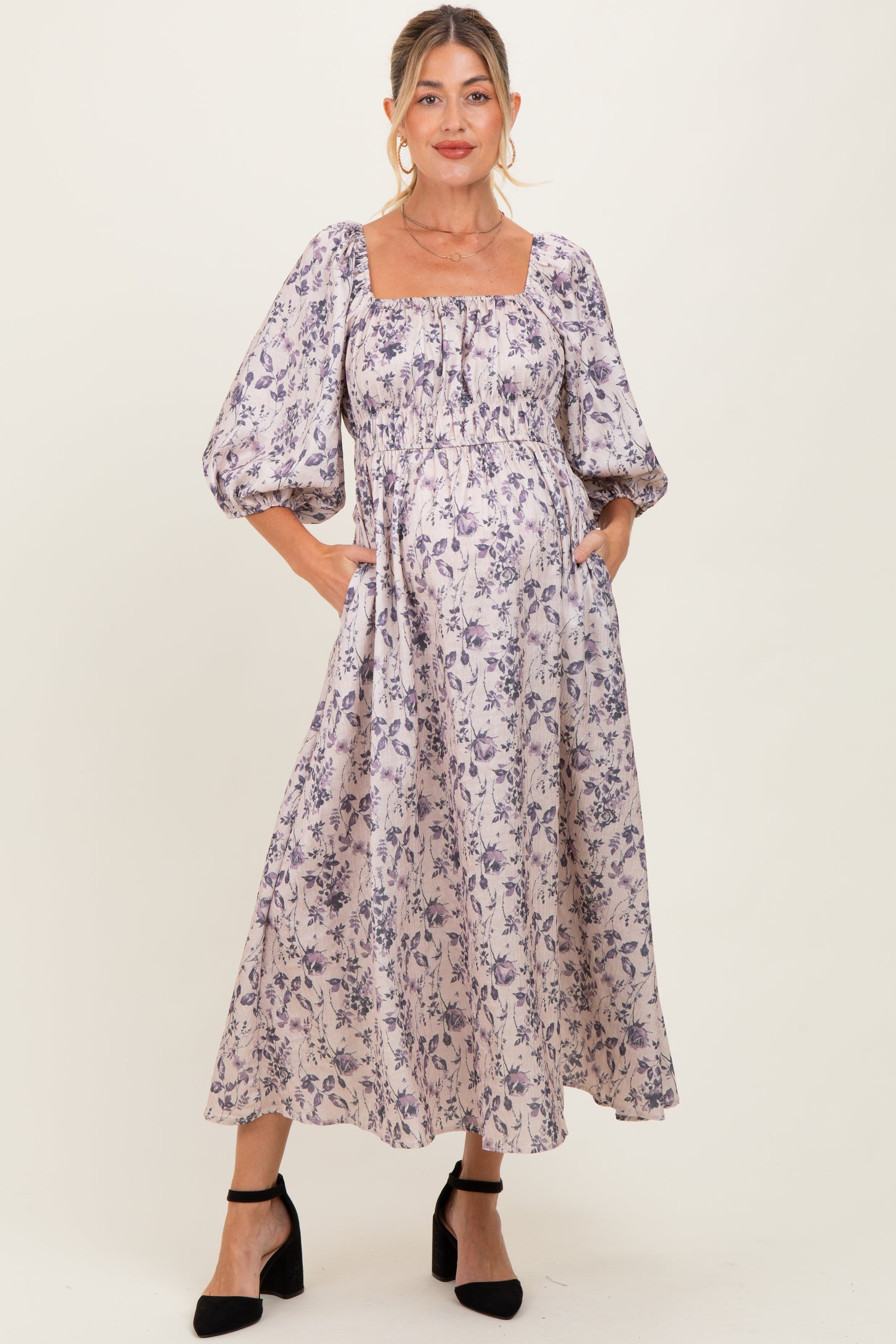 Cream Floral Puff Sleeve Smocked Waist Maternity Midi Dress