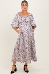 Cream Floral Puff Sleeve Smocked Waist Maternity Midi Dress