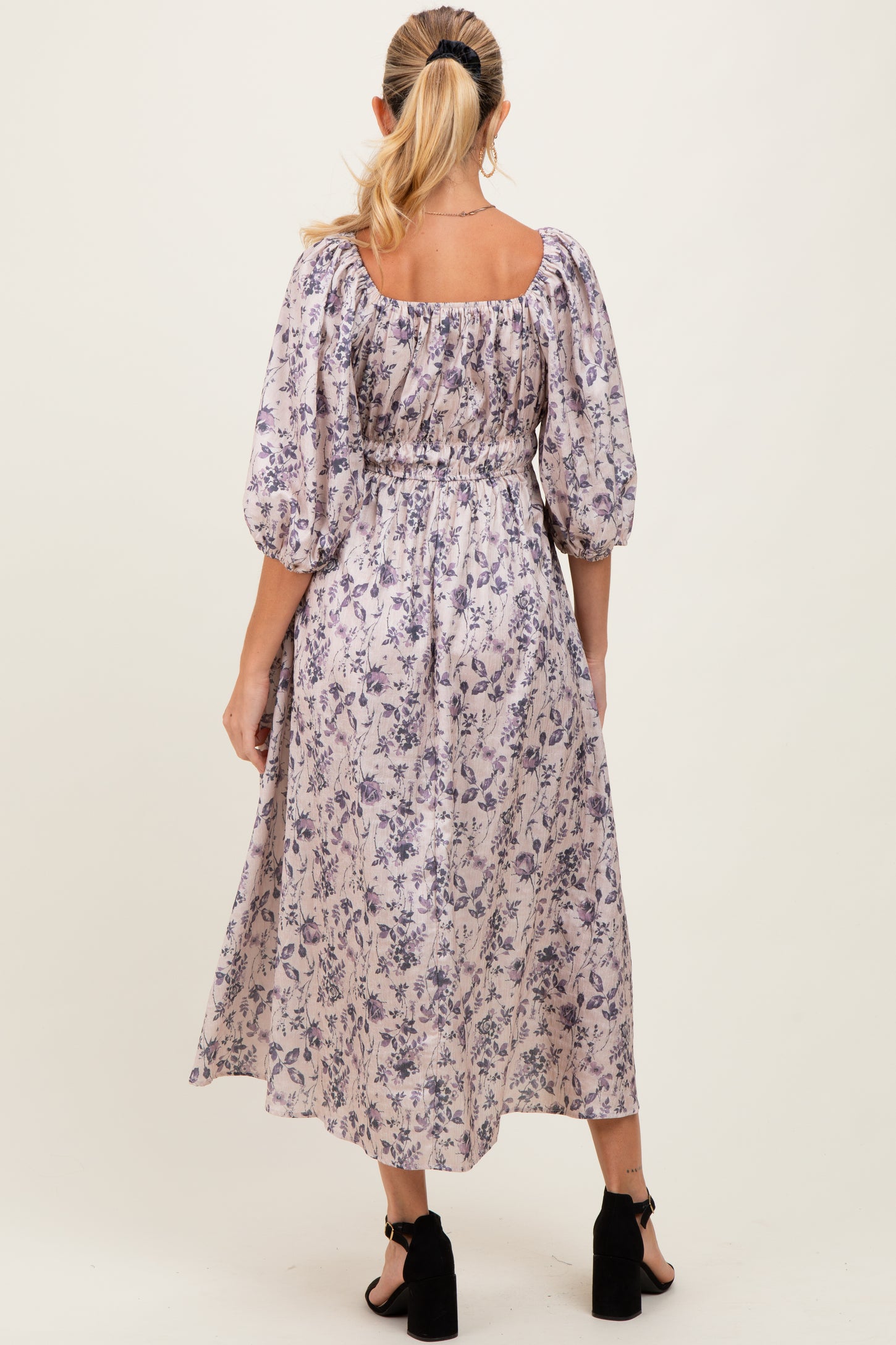 Cream Floral Puff Sleeve Smocked Waist Maternity Midi Dress