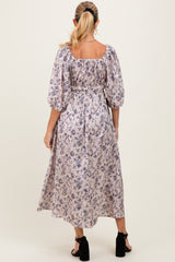 Cream Floral Puff Sleeve Smocked Waist Maternity Midi Dress