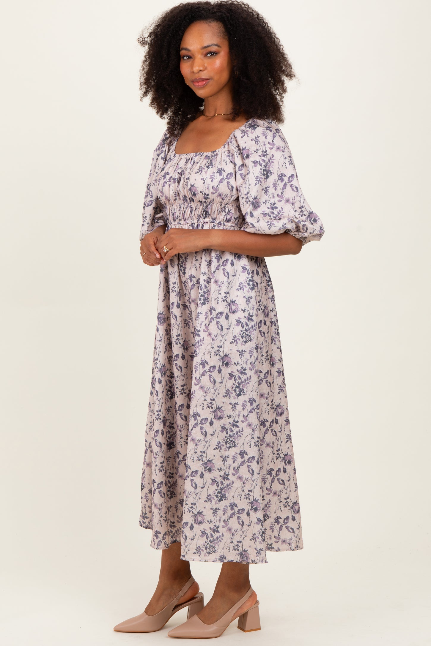 Cream Floral Puff Sleeve Smocked Waist Midi Dress