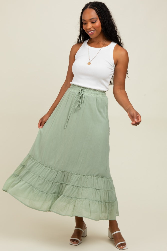 Light Olive Drawstring Layered Ruffle Hem Maxi Skirt