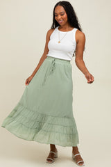 Light Olive Drawstring Layered Ruffle Hem Maxi Skirt