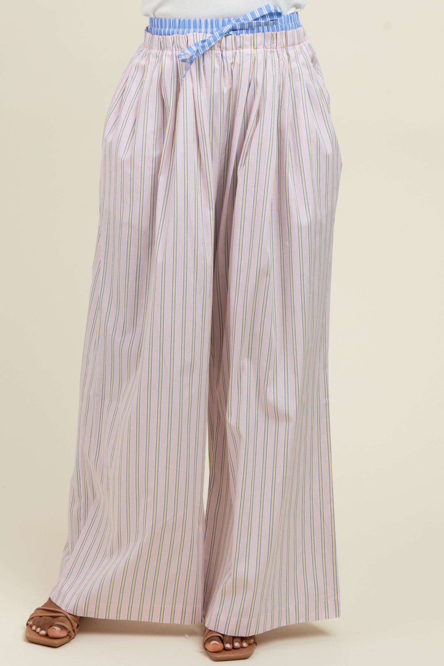 Light Pink Striped Drawstring Wide Leg Pants