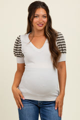 Beige/Olive Striped Ribbed Short Puff Sleeve V-Neck Maternity Top