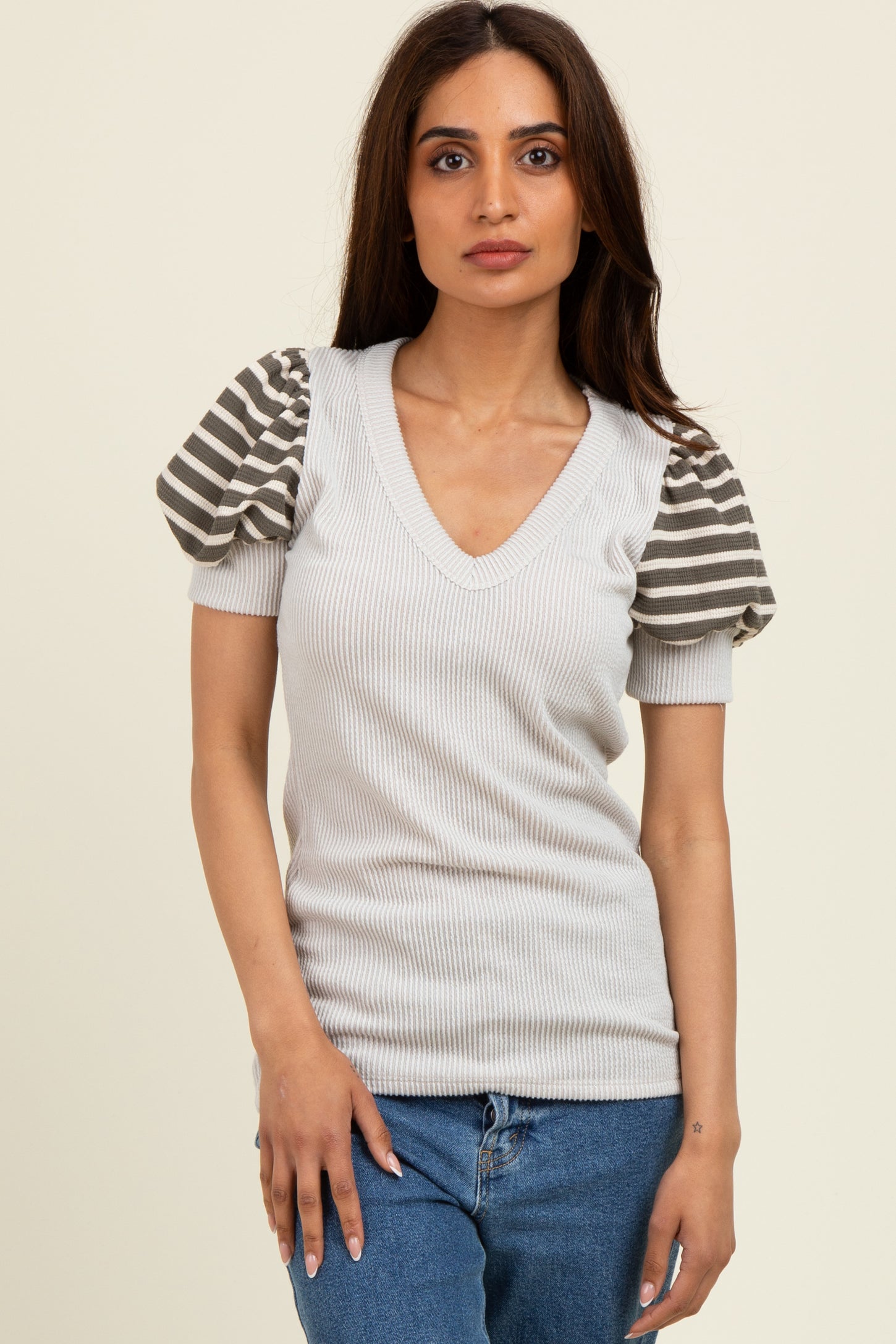 Beige/Olive Striped Ribbed Short Puff Sleeve V-Neck Maternity Top