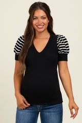 Black/Black Striped Ribbed Short Puff Sleeve V-Neck Maternity Top