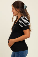 Black/Black Striped Ribbed Short Puff Sleeve V-Neck Maternity Top