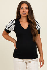 Black/Ivory Striped Ribbed Short Puff Sleeve V-Neck Maternity Top