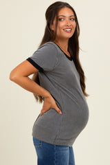 Charcoal/Black Ribbed Short Contrast Sleeve Maternity Top