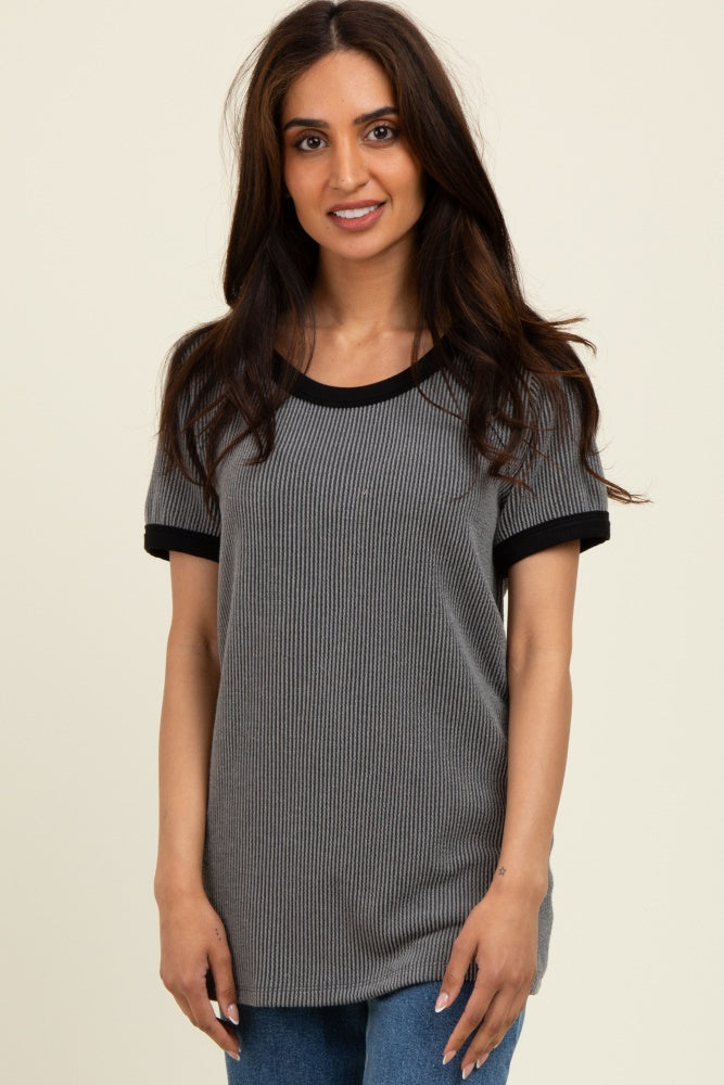 Charcoal/Black Ribbed Short Contrast Sleeve Maternity Top