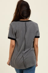 Charcoal/Black Ribbed Short Contrast Sleeve Top