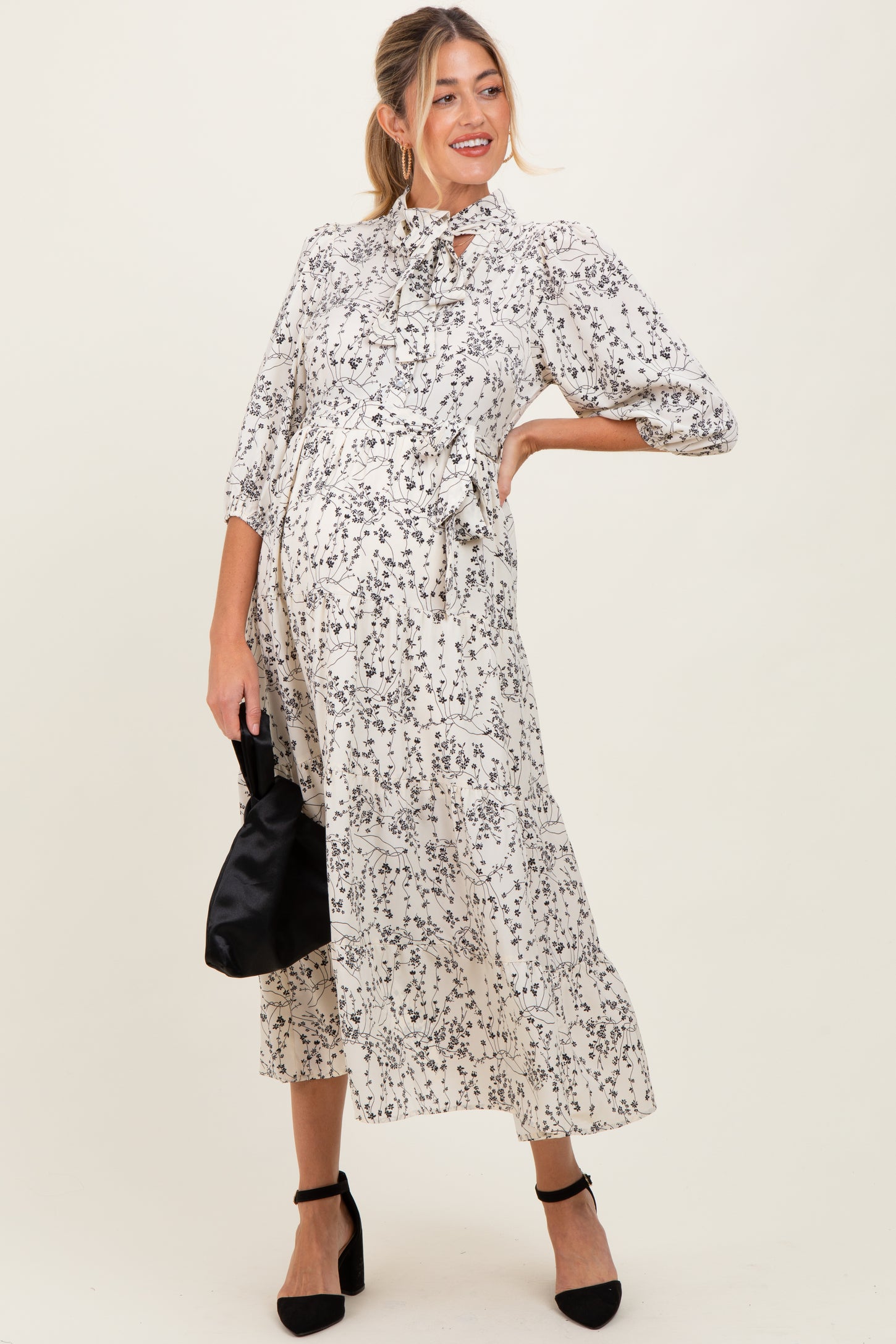 Cream Floral Neck Tie Maternity Midi Dress