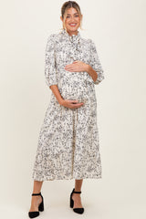 Cream Floral Neck Tie Maternity Midi Dress