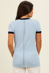 Light Blue/Navy Ribbed Short Contrast Sleeve Maternity Top