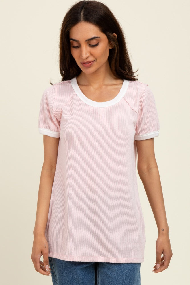 Light Pink/Ivory Ribbed Short Contrast Sleeve Top