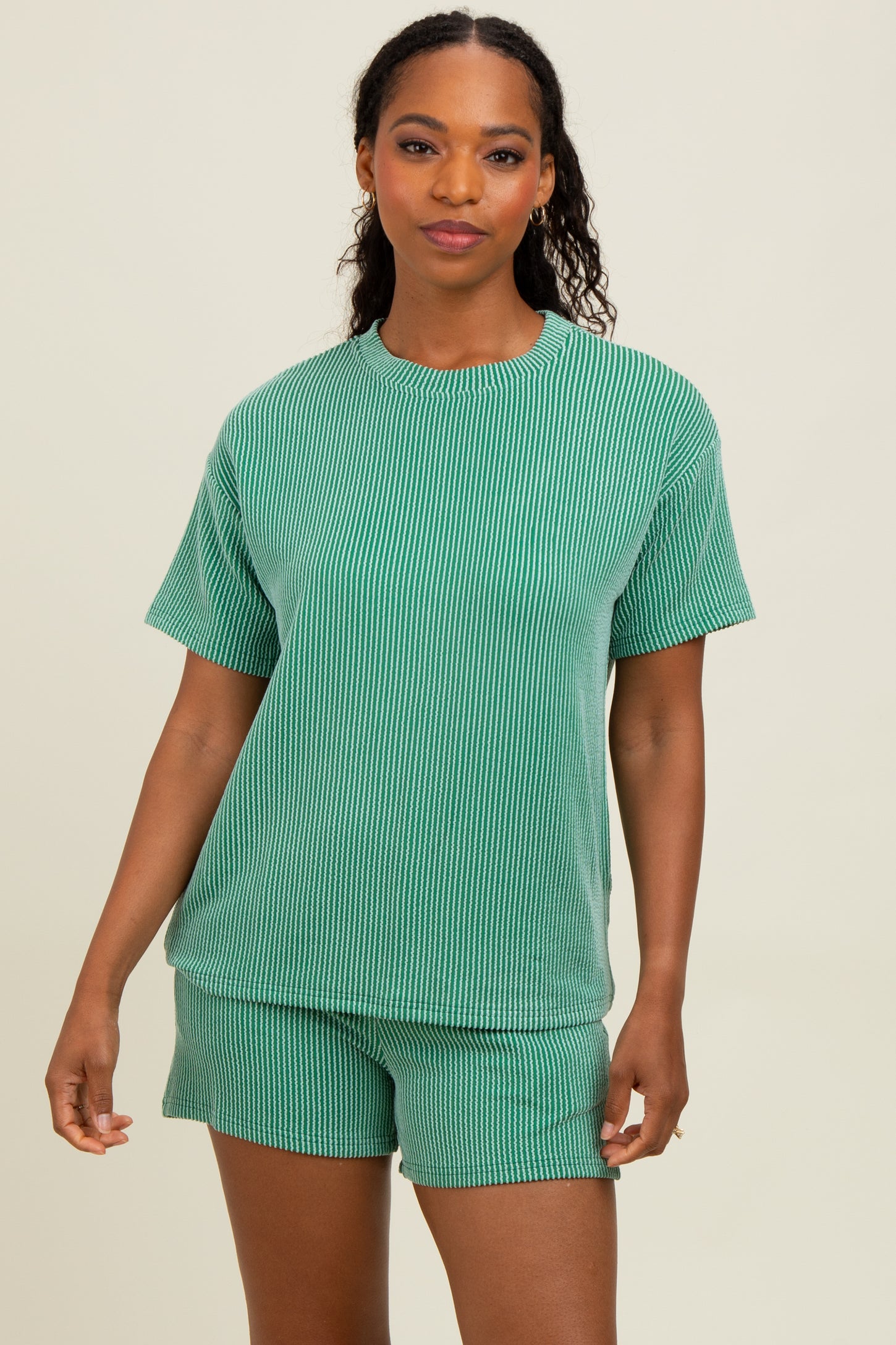 Green Ribbed Short Sleeve Tee and Short Set