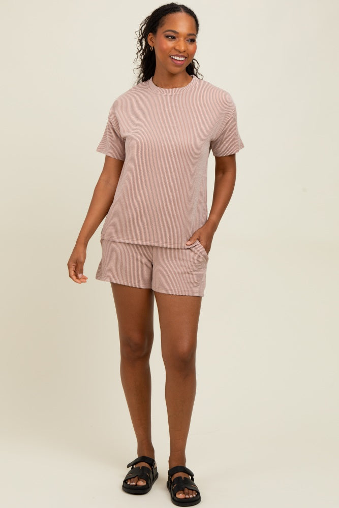 Mocha Ribbed Short Sleeve Tee and Short Set