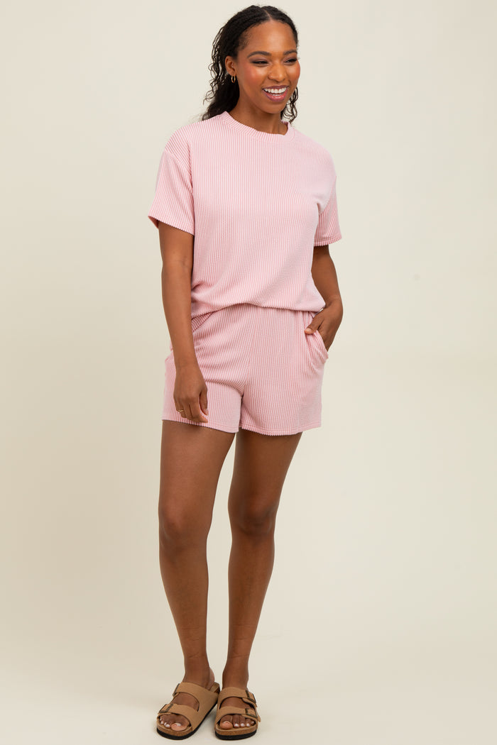 Pink Ribbed Short Sleeve Tee and Short Maternity Set
