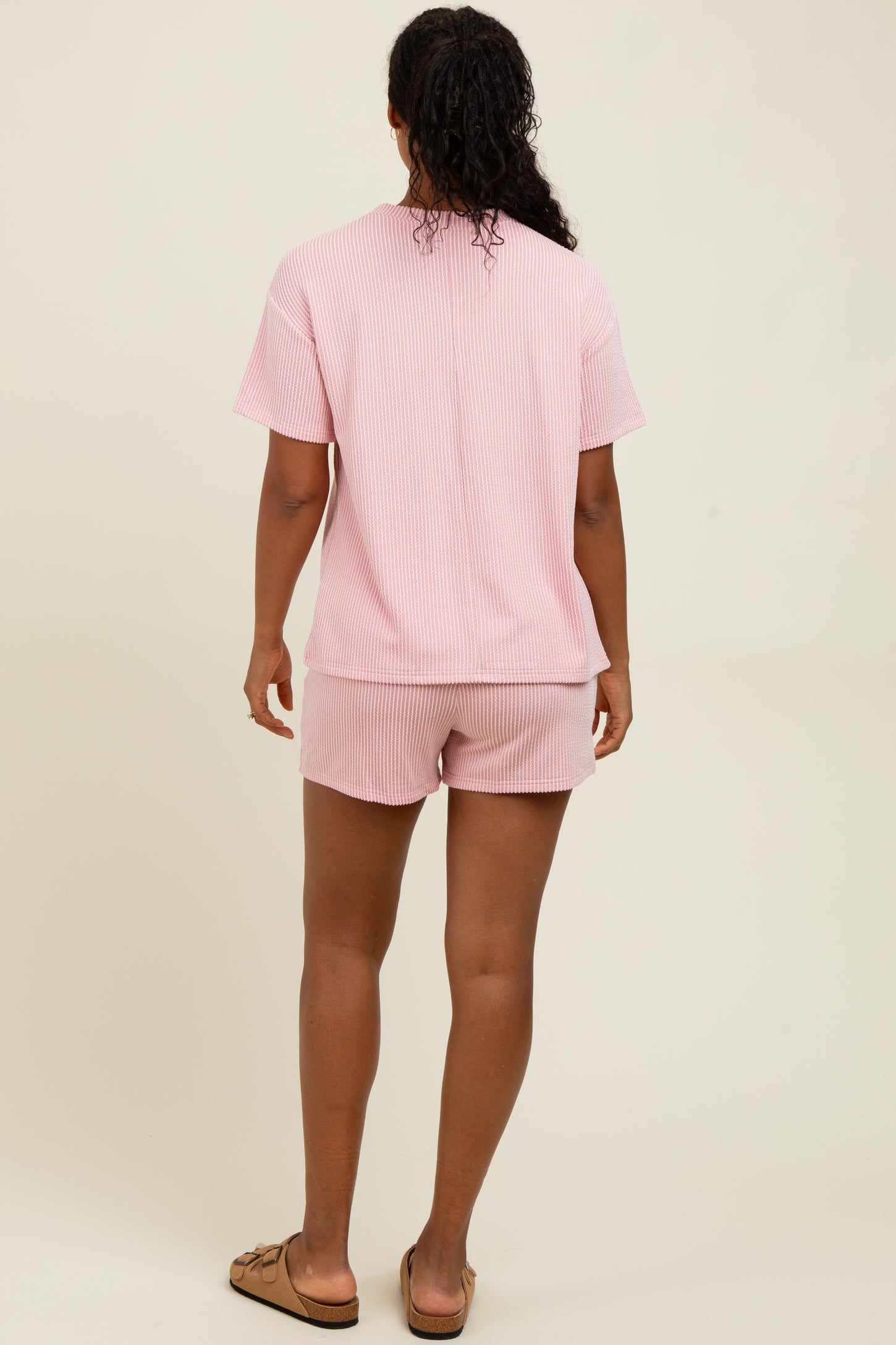 Pink Ribbed Short Sleeve Tee and Short Set