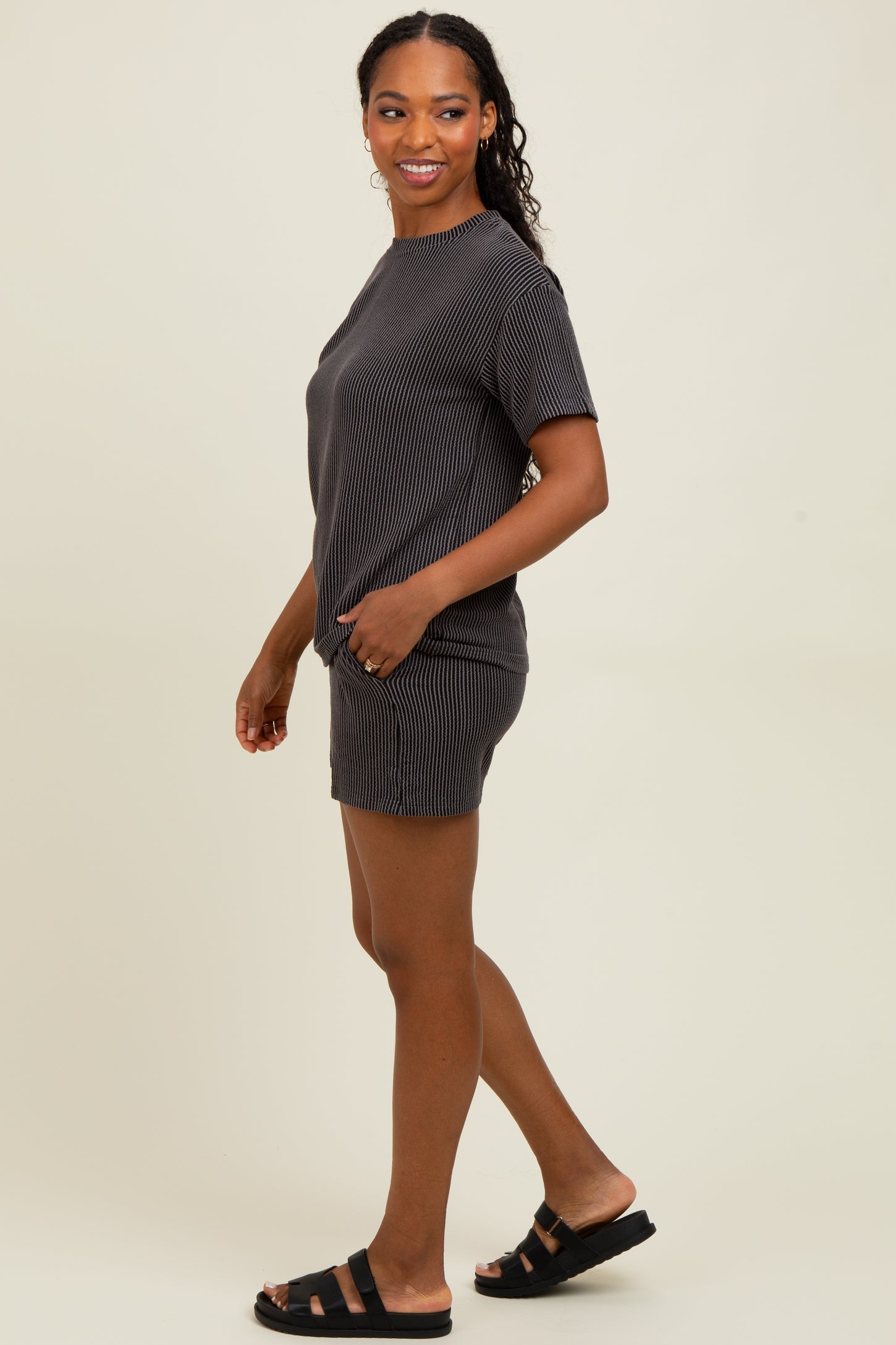 Charcoal Ribbed Short Sleeve Tee and Short Set