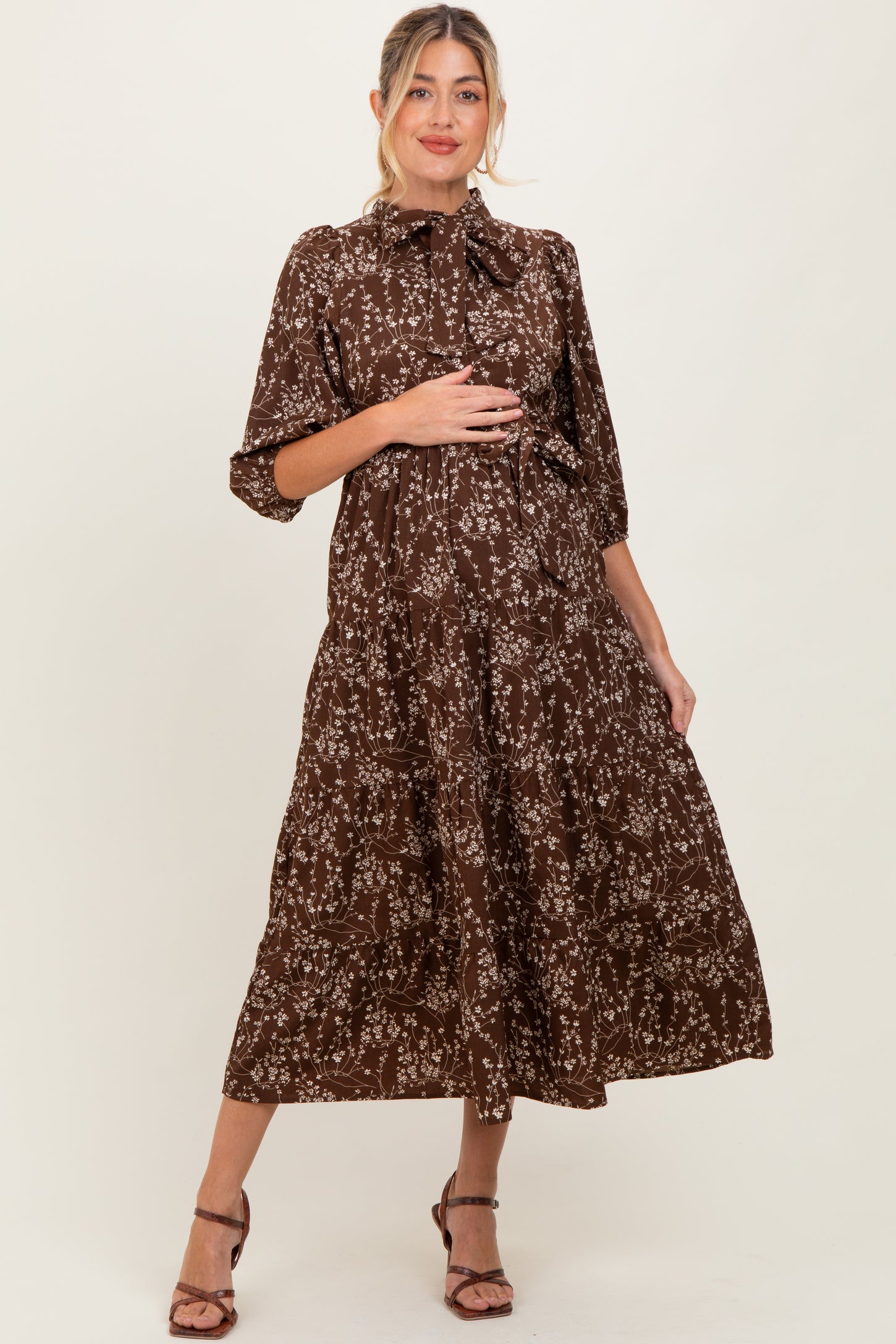 Brown Floral Neck Tie Maternity Midi Dress