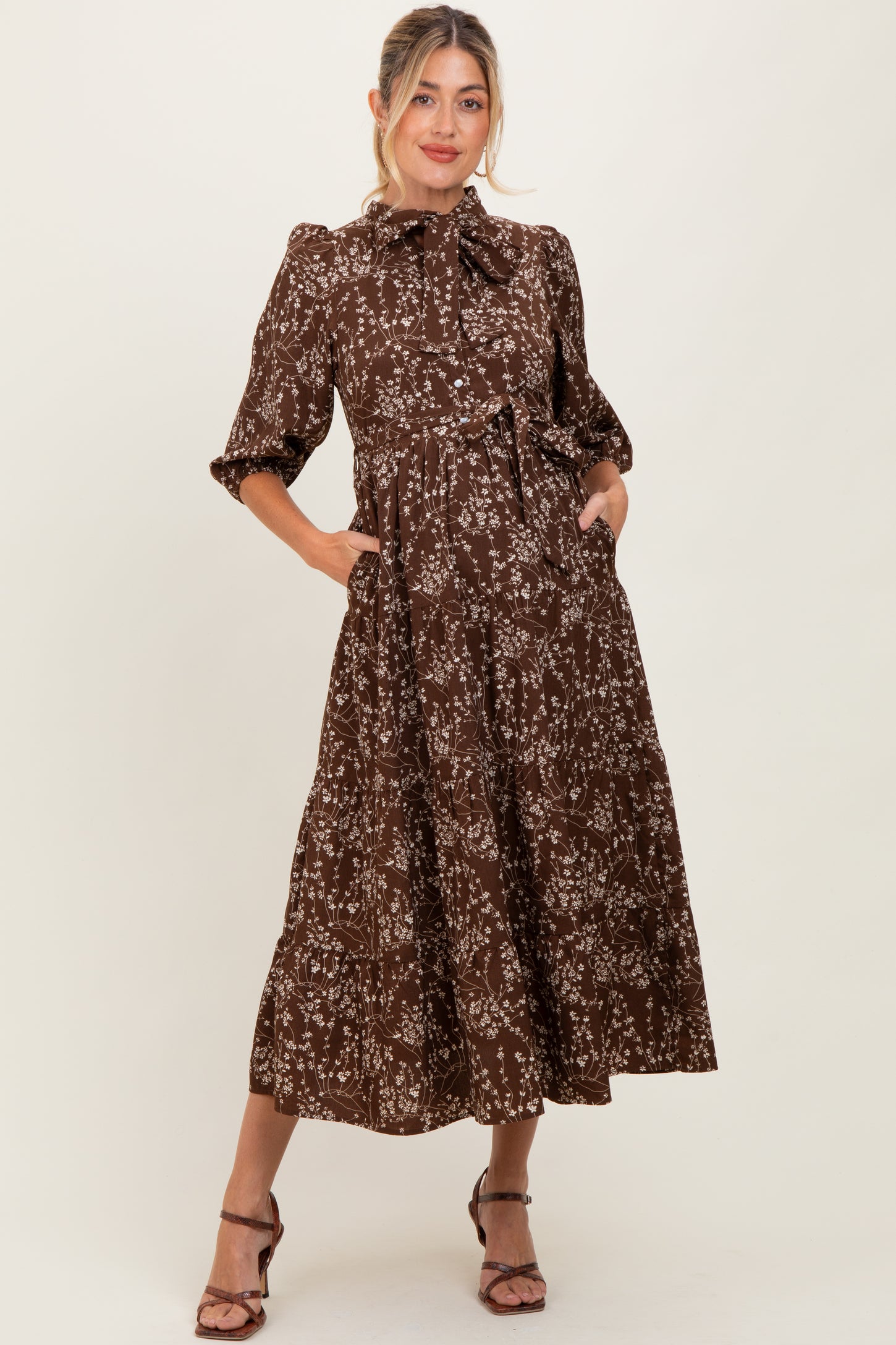 Brown Floral Neck Tie Maternity Midi Dress