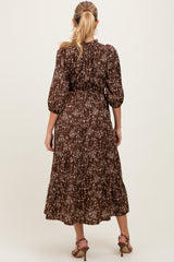 Brown Floral Neck Tie Maternity Midi Dress