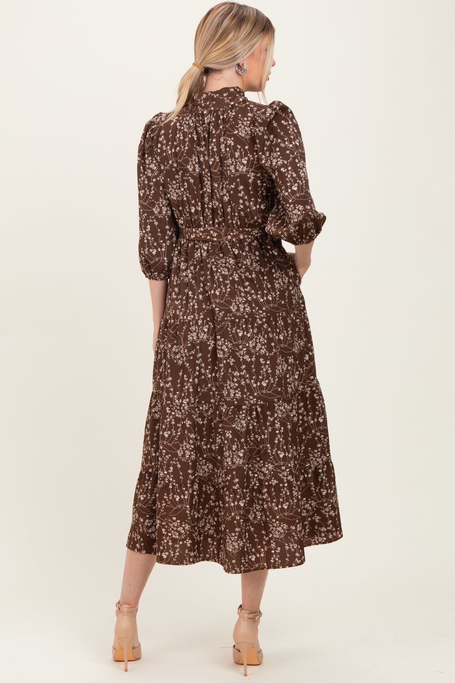 Brown Floral Neck Tie Midi Dress