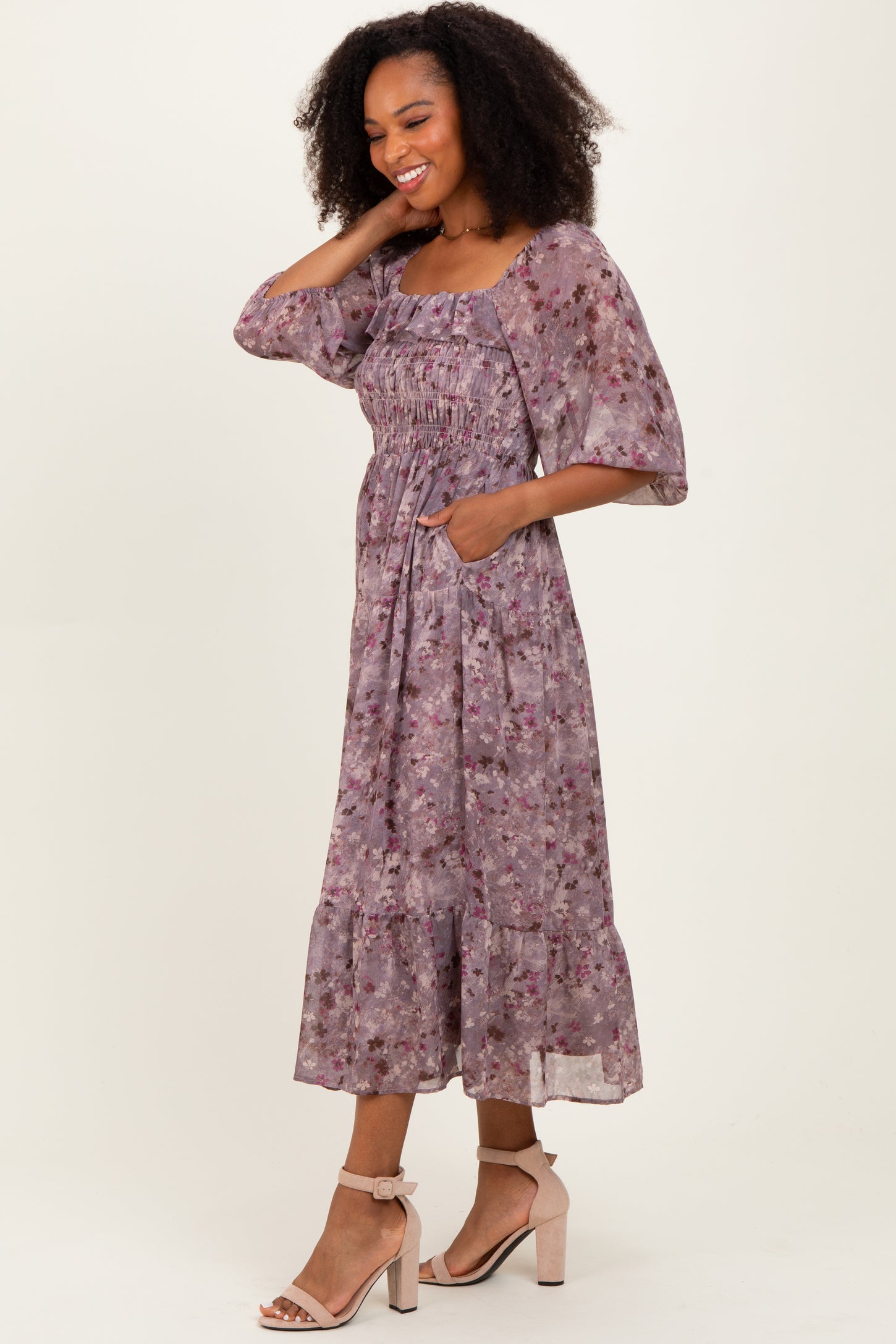 Square Ruffles Lavender Floral Square Neck Ruffle Midi Dress – PinkBlush