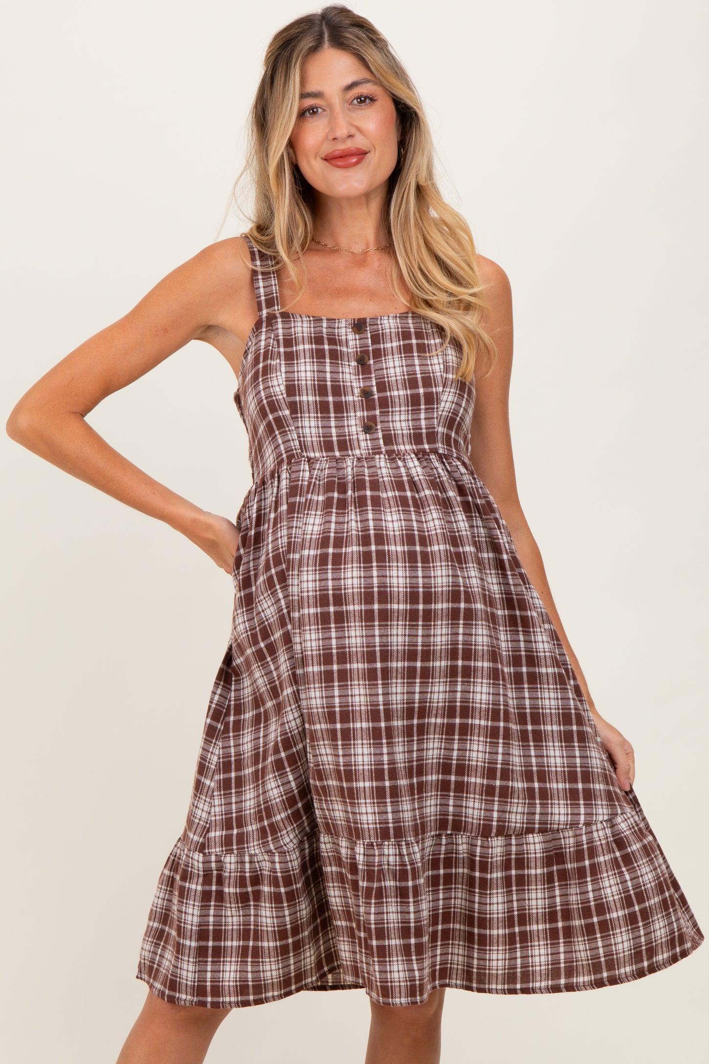 Brown Plaid Square Neck Maternity Dress
