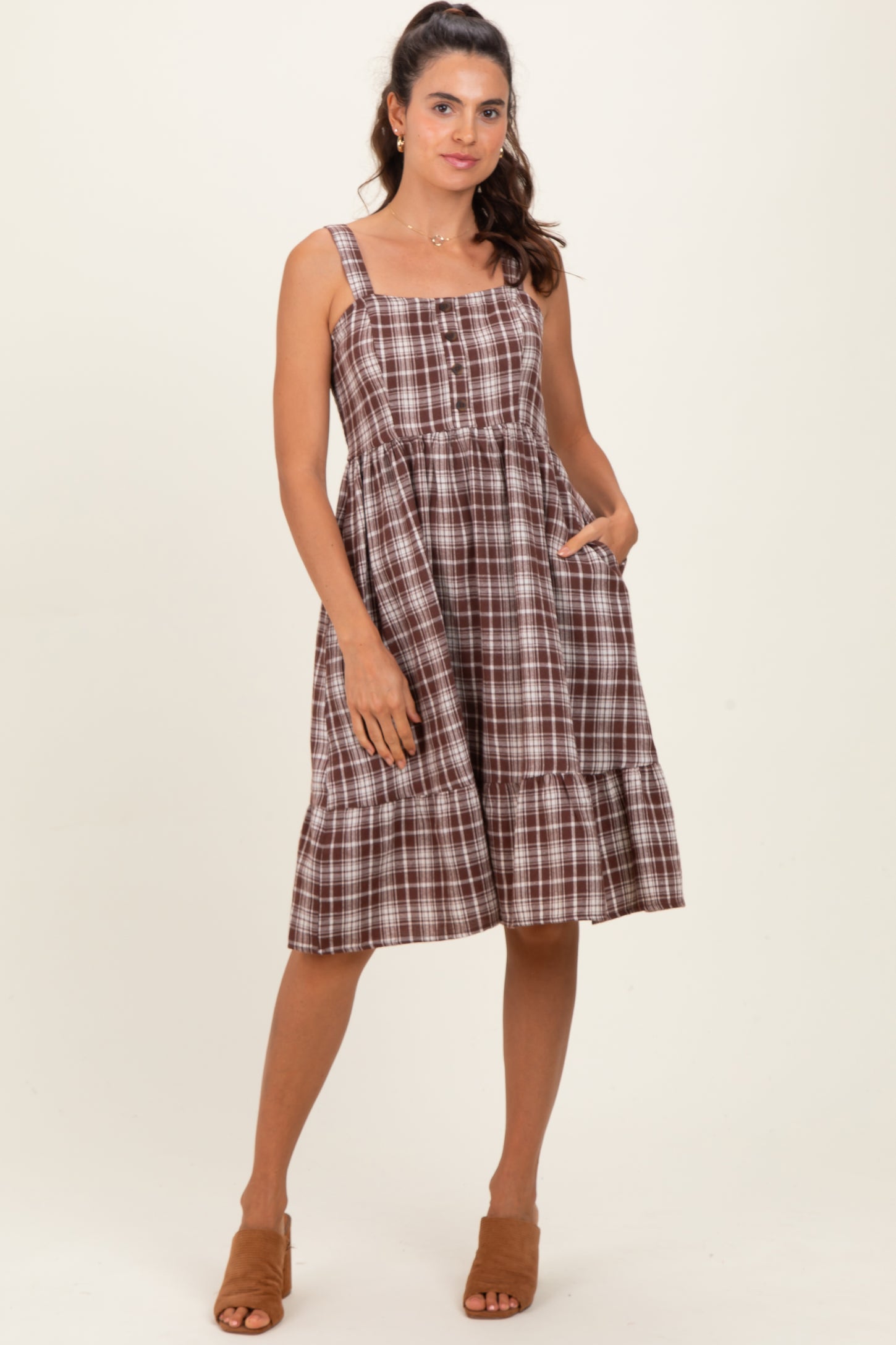 plaid collar dress flare hemline brown Cuteighteen Long Sleeve Plaid Dress for Women Vintage Peter Pan Collar Casual A Line Button Elegant Shirt Dress Spring (as1, Alpha, m, Regular, Regular, Brown) at Amazon Women's Clothing store