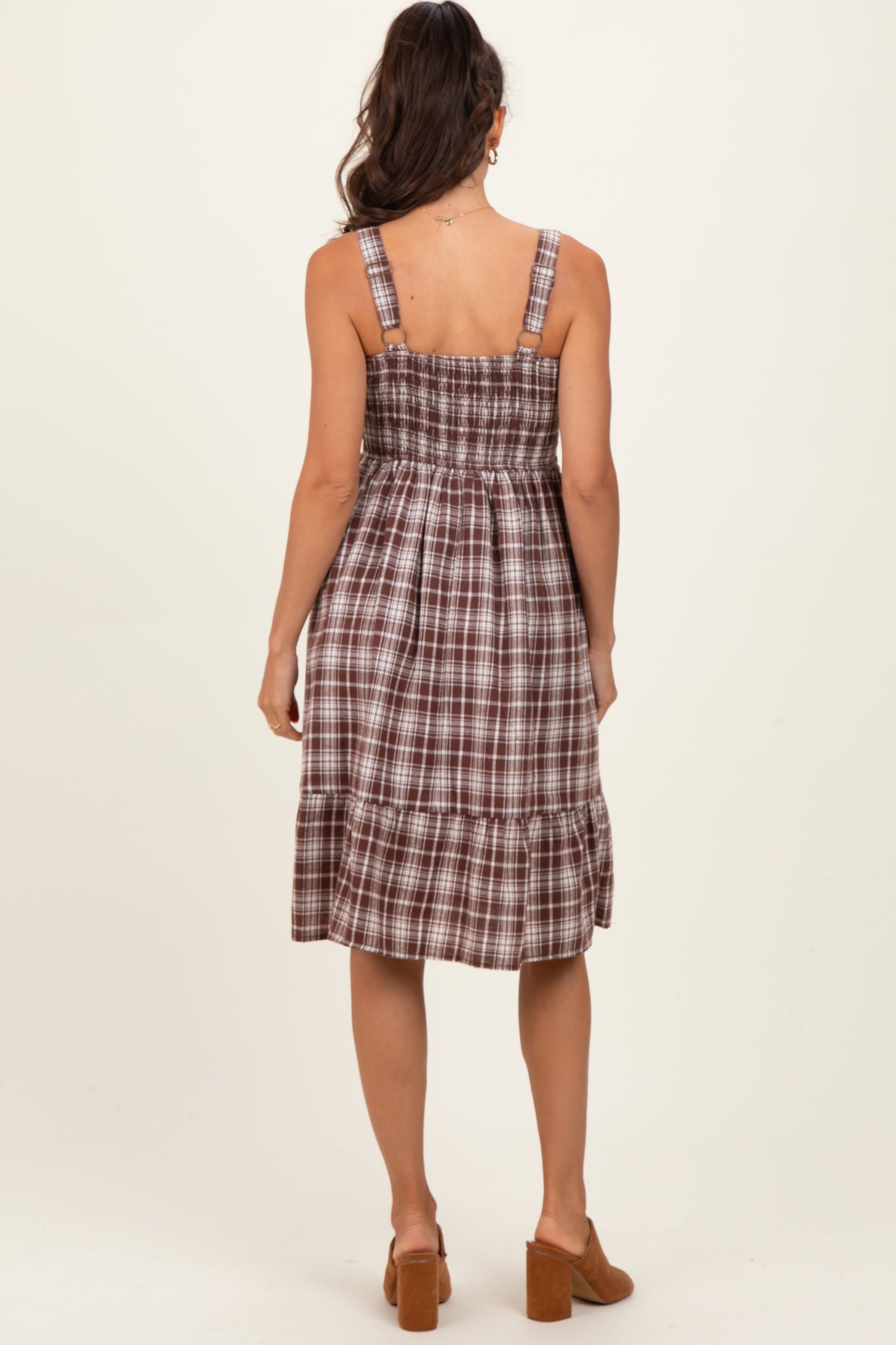 Brown Plaid Square Neck Dress