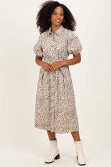 Cream Floral Button Front Waist Tie Midi Dress