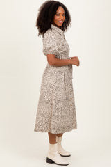 Cream Floral Button Front Waist Tie Midi Dress