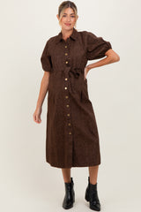 Brown Floral Button Front Waist Tie Maternity Midi Dress