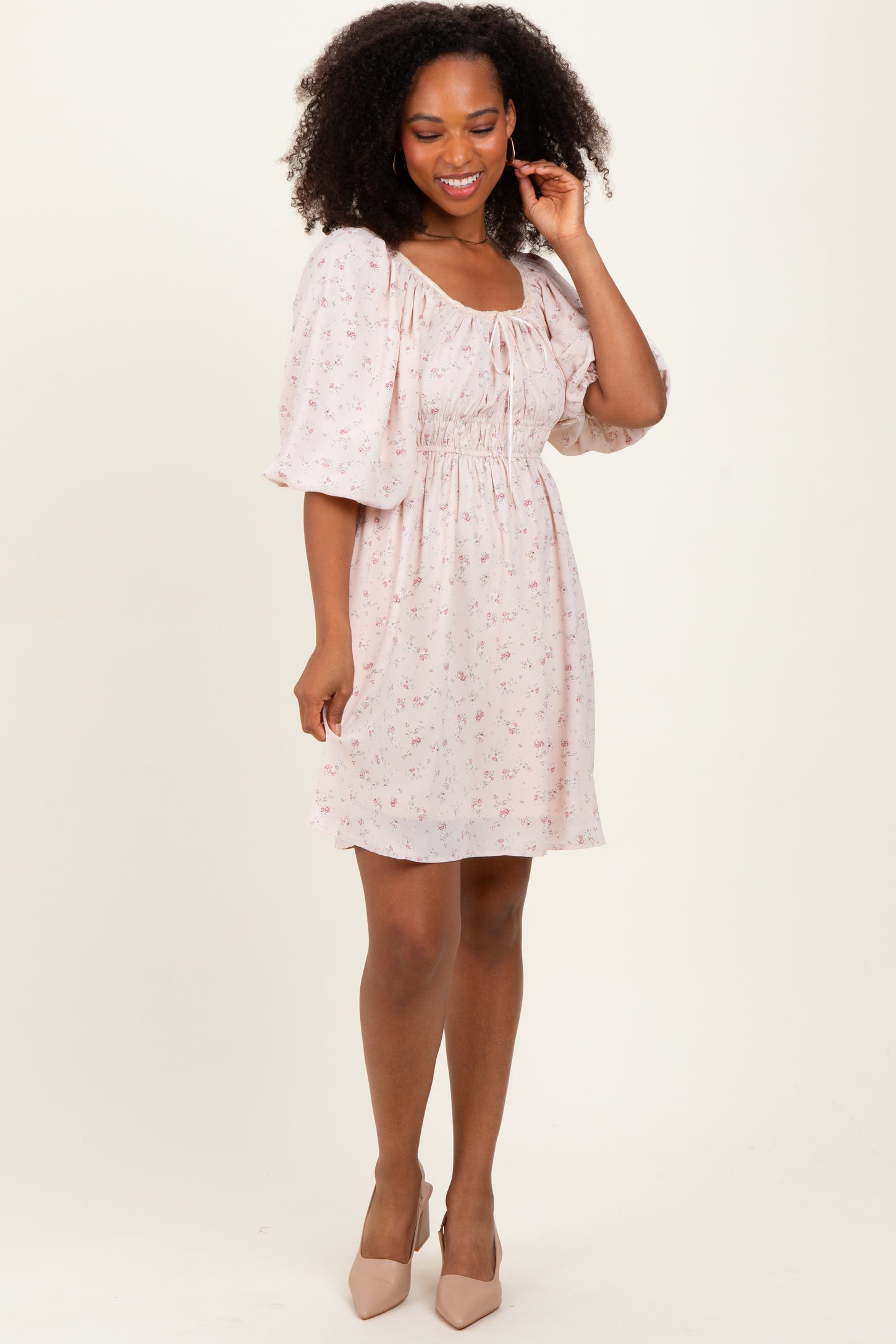 Cream Floral Square Neck Bubble Sleeve Dress