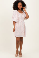 Cream Floral Square Neck Bubble Sleeve Dress