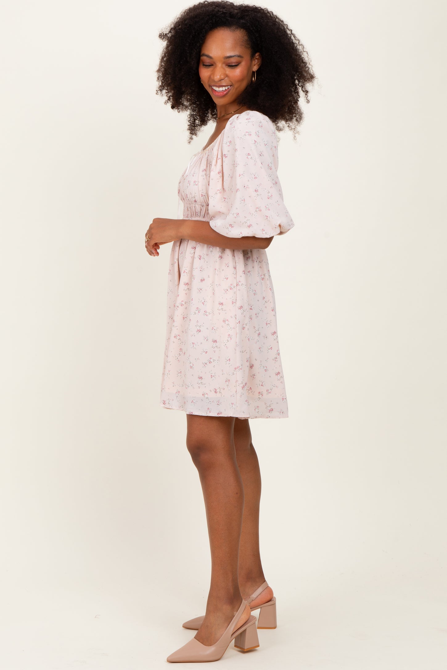 Cream Floral Square Neck Bubble Sleeve Dress