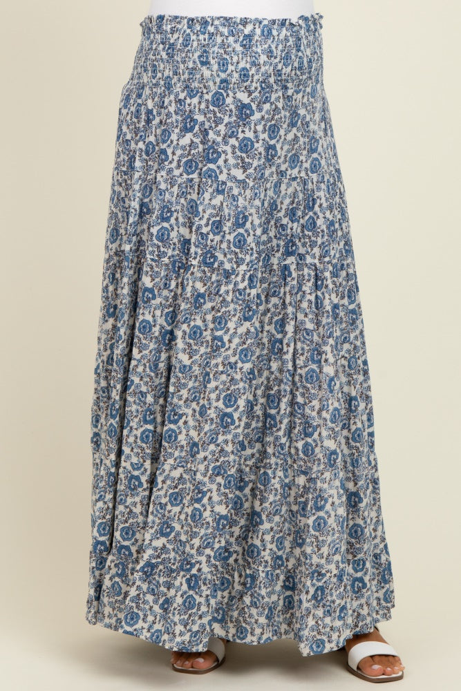 Blue Floral Smocked Waist Tiered Maternity Maxi Skirt