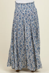 Blue Floral Smocked Waist Tiered Maternity Maxi Skirt