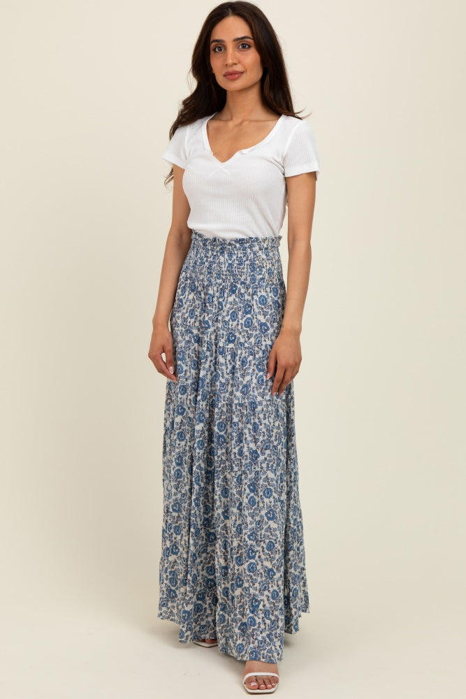 Blue Floral Smocked Waist Tiered Maternity Maxi Skirt
