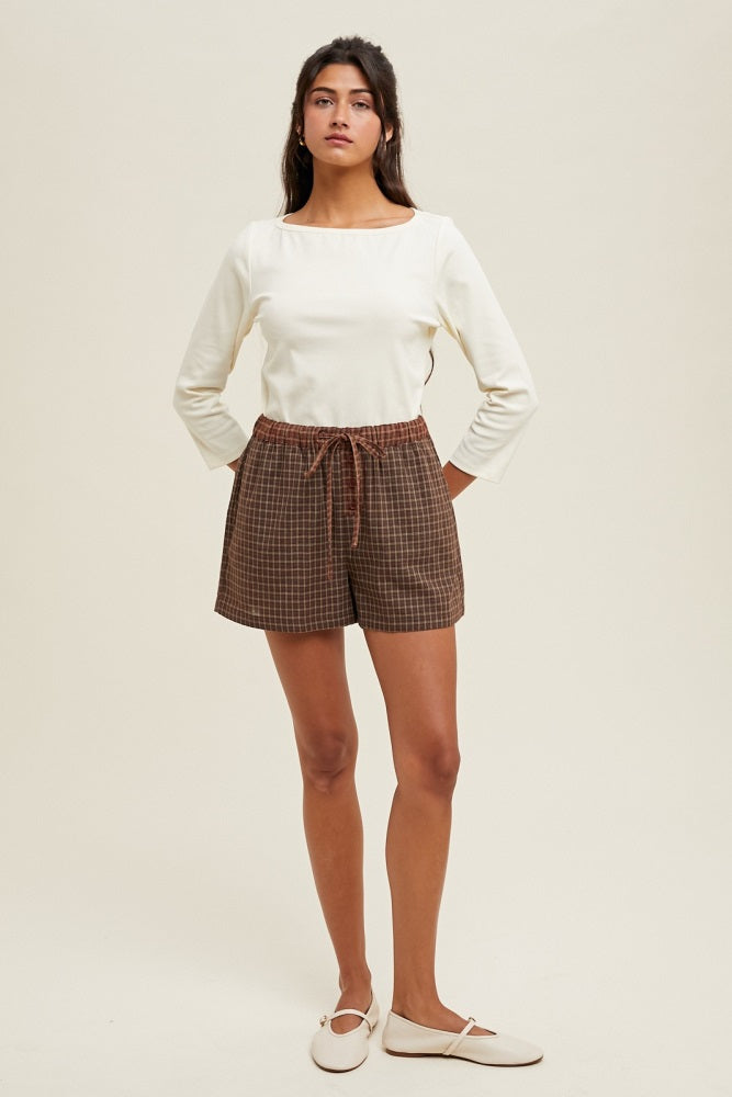 Brown Plaid Drawstring Button Accent Shorts