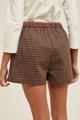 Brown Plaid Drawstring Button Accent Shorts