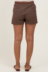 Brown Plaid Drawstring Button Accent Maternity Shorts