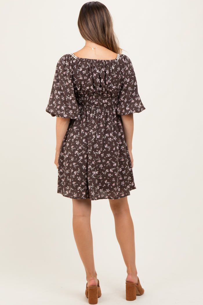 Brown Floral Square Neck Bubble Sleeve Maternity Dress