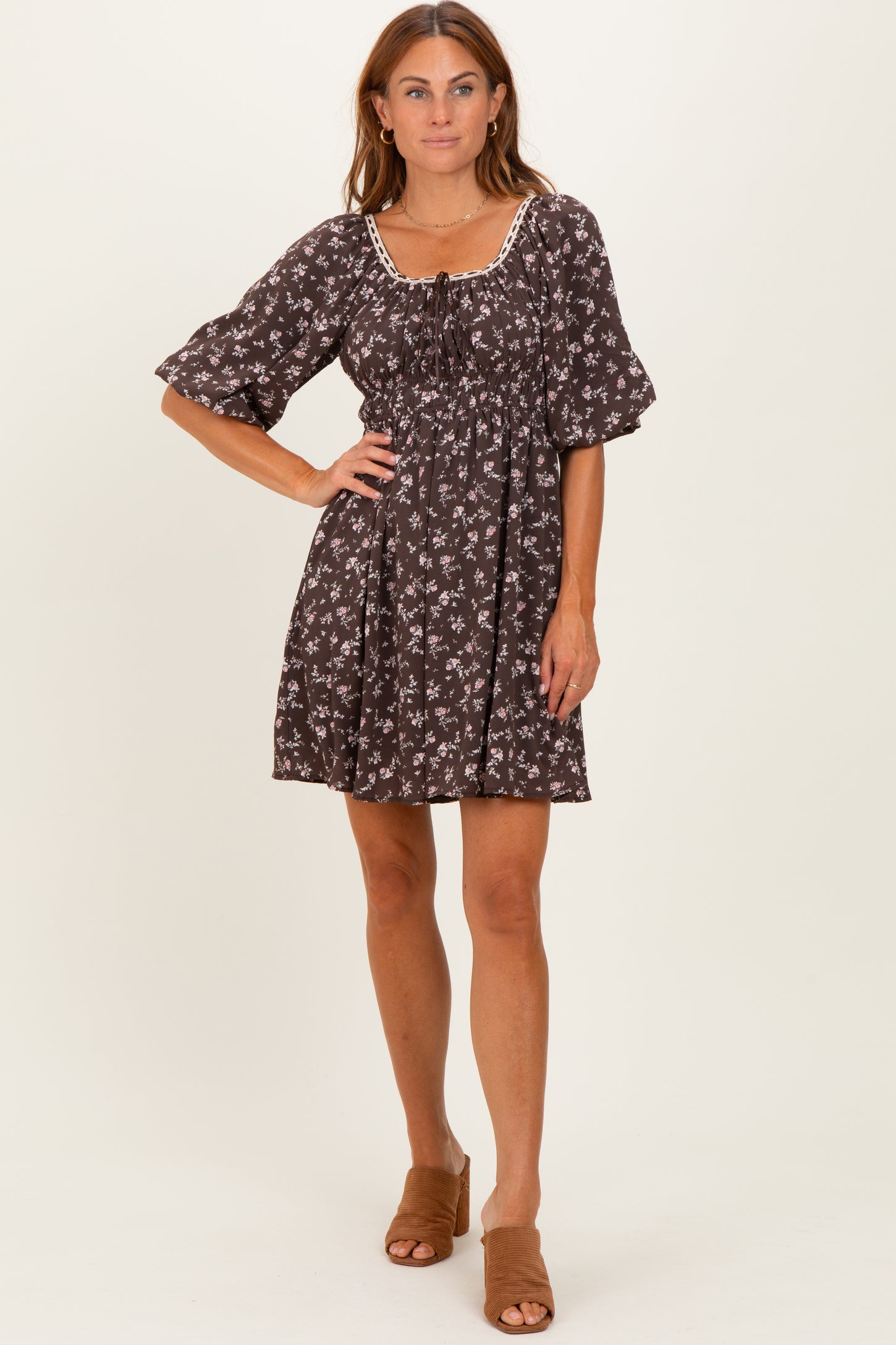 Brown Floral Square Neck Bubble Sleeve Dress